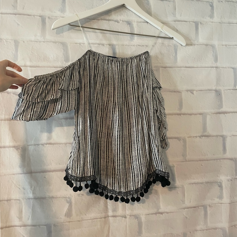 Francesca’s | Blue Rain Striped Strapless / Off the Shoulder Pom Pom Blouse